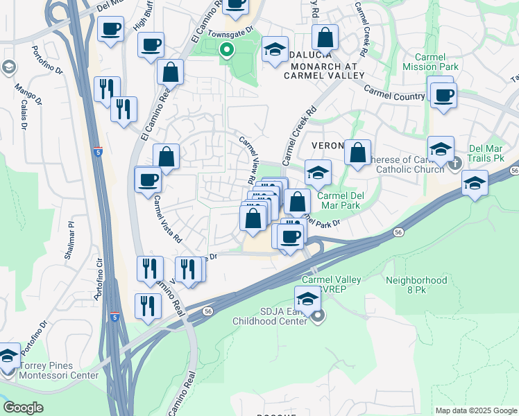 map of restaurants, bars, coffee shops, grocery stores, and more near 3741 Carmel View Road in San Diego