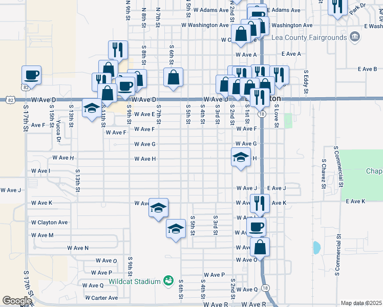 map of restaurants, bars, coffee shops, grocery stores, and more near 813 S 5th St in Lovington