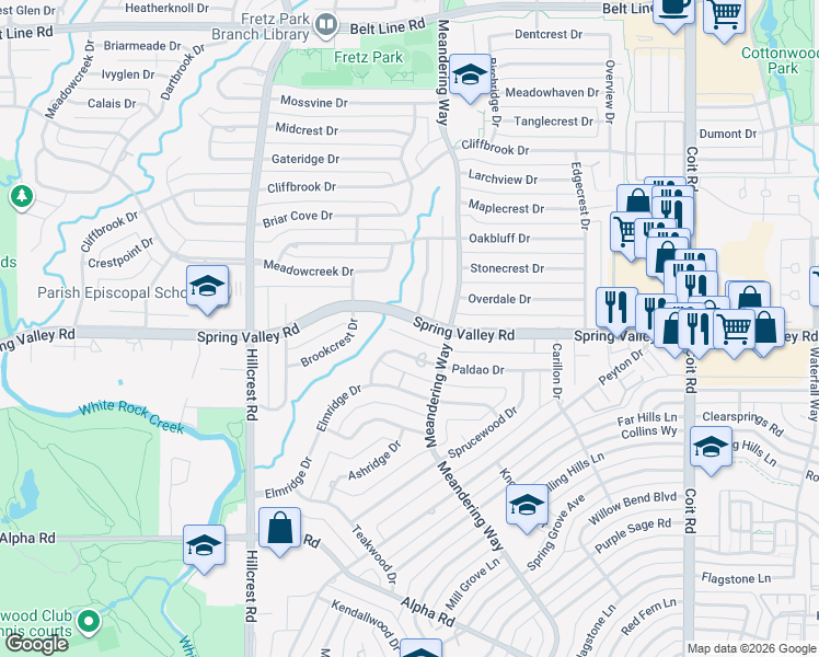 map of restaurants, bars, coffee shops, grocery stores, and more near 7150 Spring Valley Road in Dallas