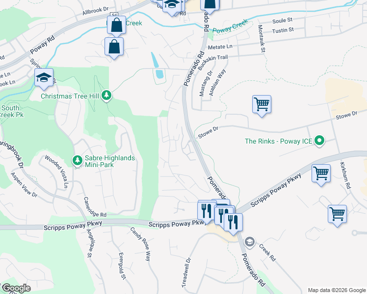 map of restaurants, bars, coffee shops, grocery stores, and more near 12220 Pepper Tree Lane in Poway