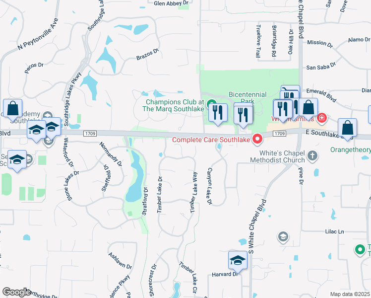 map of restaurants, bars, coffee shops, grocery stores, and more near 111 Woodglen Court in Southlake