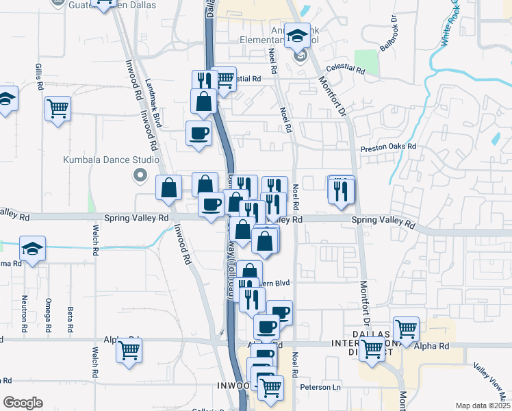 map of restaurants, bars, coffee shops, grocery stores, and more near 14110 Dallas Parkway in Dallas