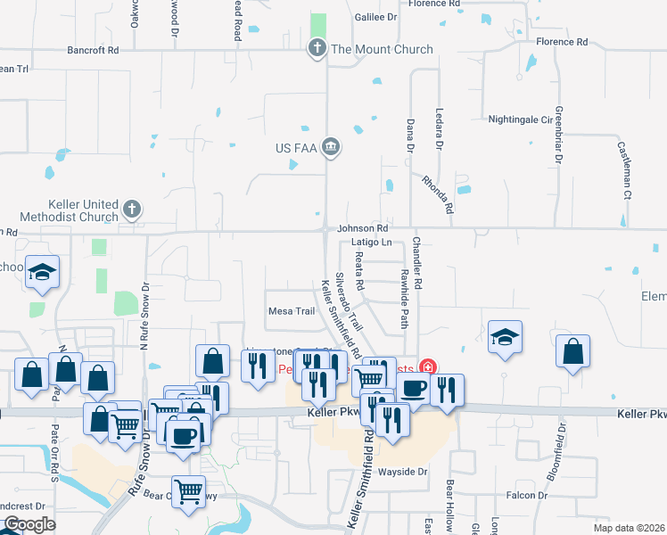 map of restaurants, bars, coffee shops, grocery stores, and more near 505 Silverado Trail in Keller