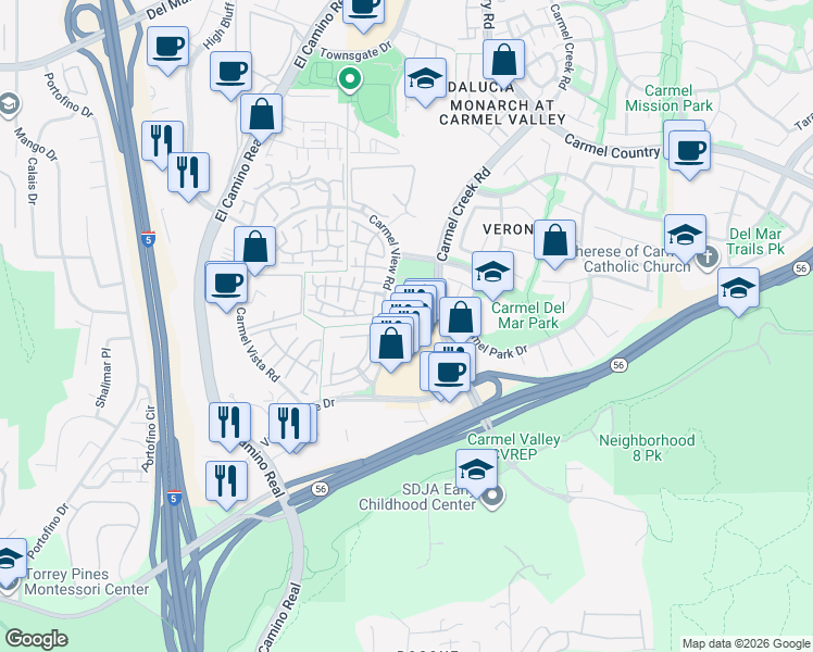 map of restaurants, bars, coffee shops, grocery stores, and more near 3765 Carmel View Road in San Diego