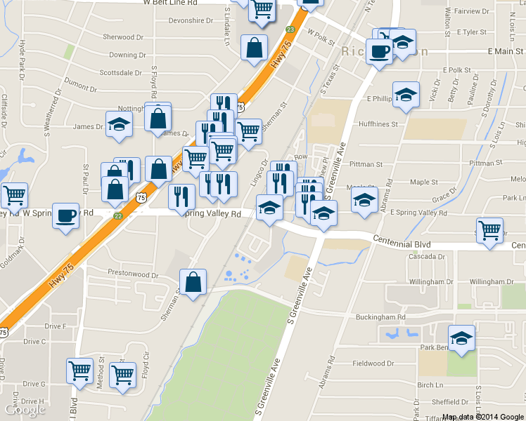 map of restaurants, bars, coffee shops, grocery stores, and more near 100 West Spring Valley Road in Richardson