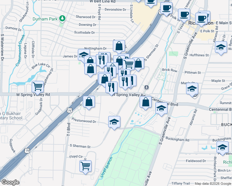 map of restaurants, bars, coffee shops, grocery stores, and more near 201 West Spring Valley Road in Richardson