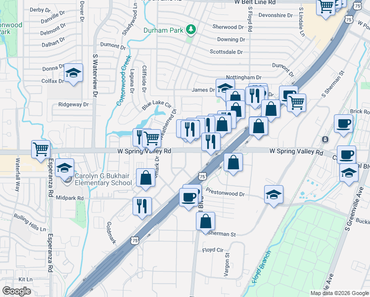 map of restaurants, bars, coffee shops, grocery stores, and more near 8832-8852 West Spring Valley Road in Richardson