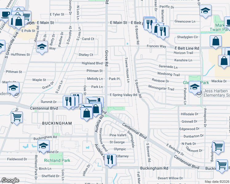 map of restaurants, bars, coffee shops, grocery stores, and more near 607 East Spring Valley Road in Richardson