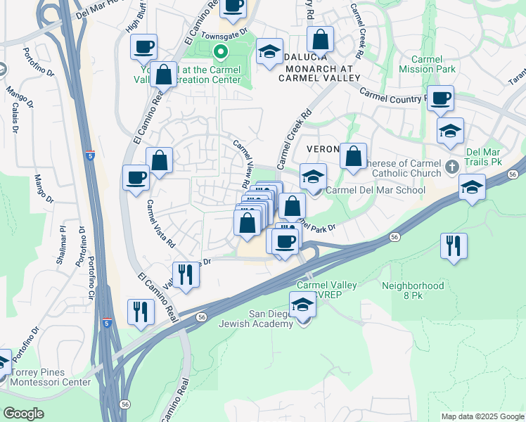 map of restaurants, bars, coffee shops, grocery stores, and more near 3830 Valley Centre Drive in San Diego