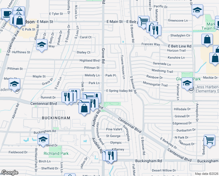 map of restaurants, bars, coffee shops, grocery stores, and more near 607 East Spring Valley Road in Richardson