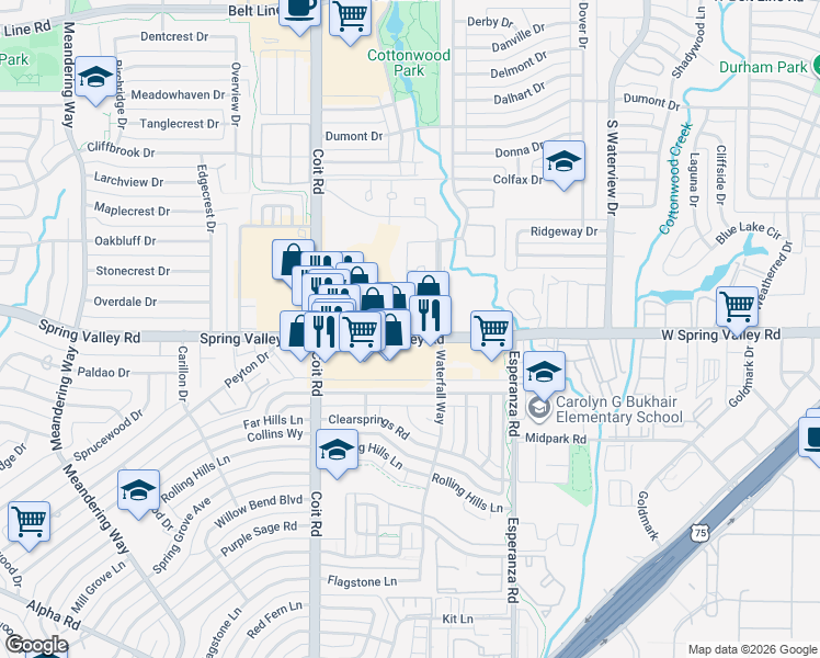map of restaurants, bars, coffee shops, grocery stores, and more near 1320 West Spring Valley Road in Dallas