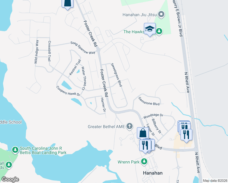 map of restaurants, bars, coffee shops, grocery stores, and more near 1304 Grassy Hill Court in Hanahan