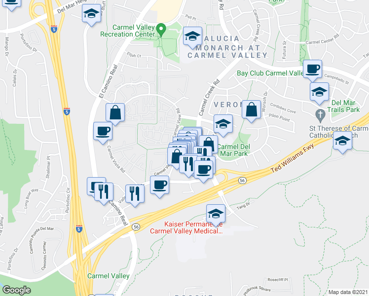 map of restaurants, bars, coffee shops, grocery stores, and more near 3741 Carmel View Road in San Diego