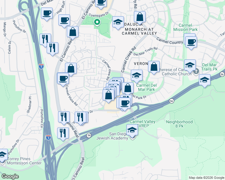map of restaurants, bars, coffee shops, grocery stores, and more near 3741 Carmel View Road in San Diego