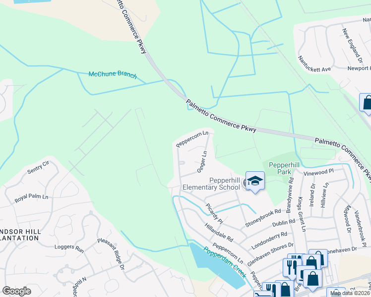 map of restaurants, bars, coffee shops, grocery stores, and more near 3434 Smoketree Court in North Charleston