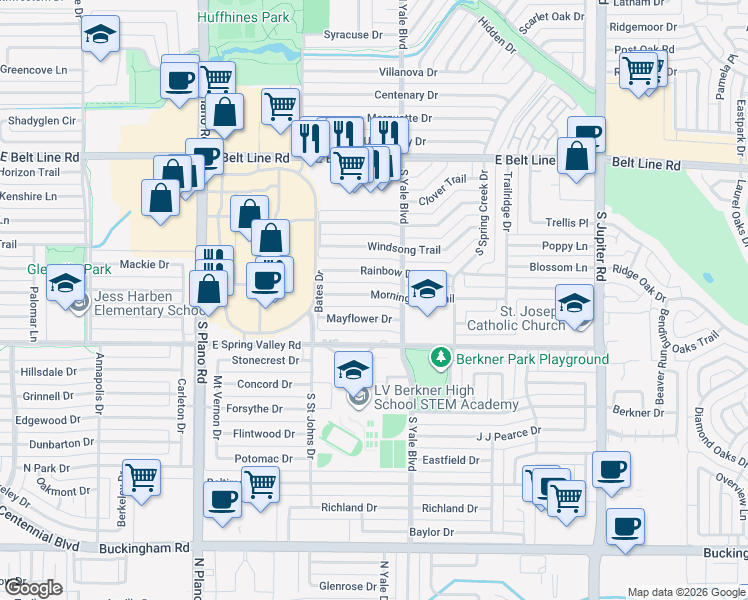 map of restaurants, bars, coffee shops, grocery stores, and more near 1700 Morningstar Trail in Richardson