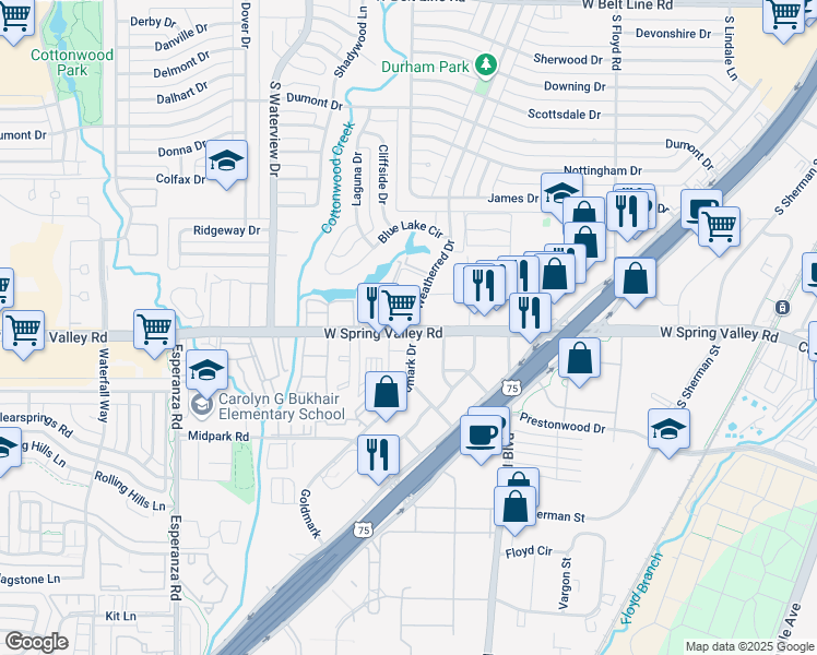 map of restaurants, bars, coffee shops, grocery stores, and more near in Richardson