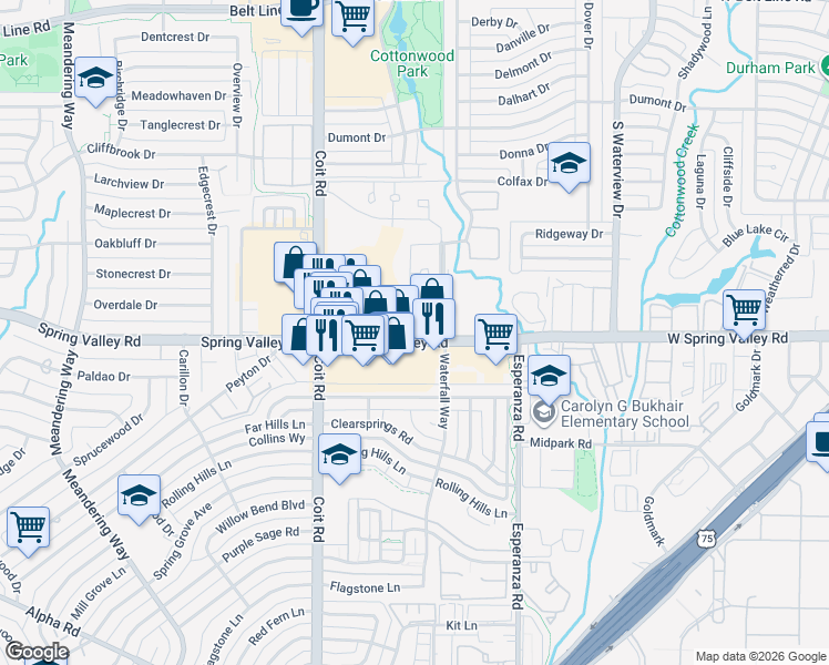 map of restaurants, bars, coffee shops, grocery stores, and more near 1320 West Spring Valley Road in Dallas