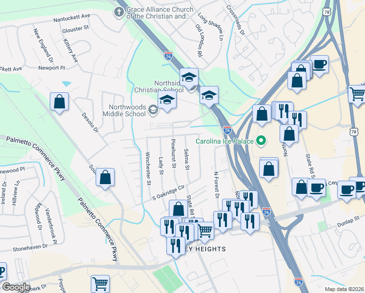 map of restaurants, bars, coffee shops, grocery stores, and more near 7631 Selma Street in North Charleston