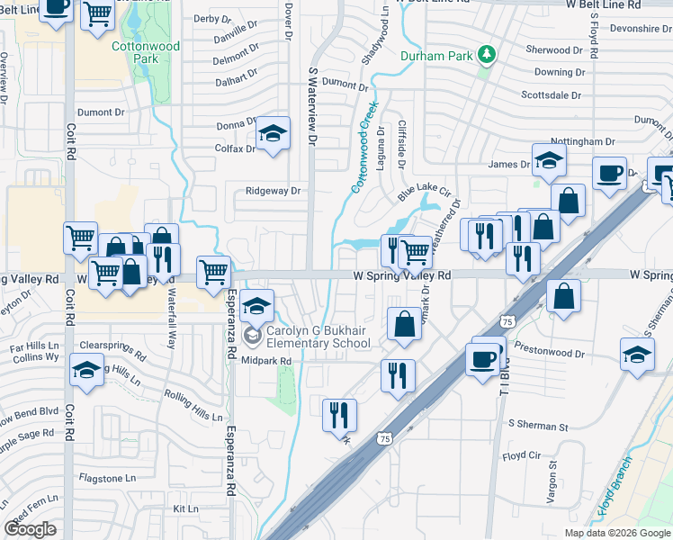 map of restaurants, bars, coffee shops, grocery stores, and more near 1100 West Spring Valley Road in Richardson