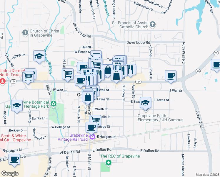 map of restaurants, bars, coffee shops, grocery stores, and more near 315 East Wall Street in Grapevine