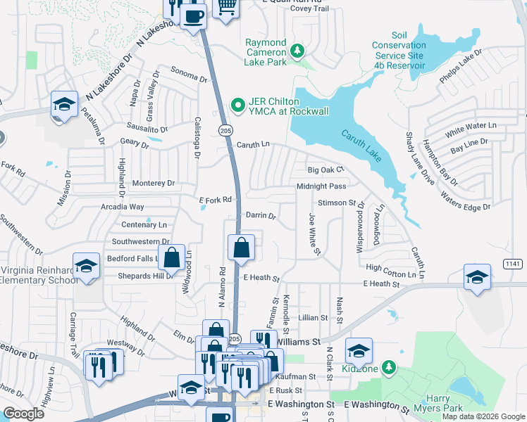 map of restaurants, bars, coffee shops, grocery stores, and more near 202 Darrin Drive in Rockwall