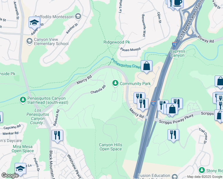 map of restaurants, bars, coffee shops, grocery stores, and more near 12113 Branicole Lane in San Diego
