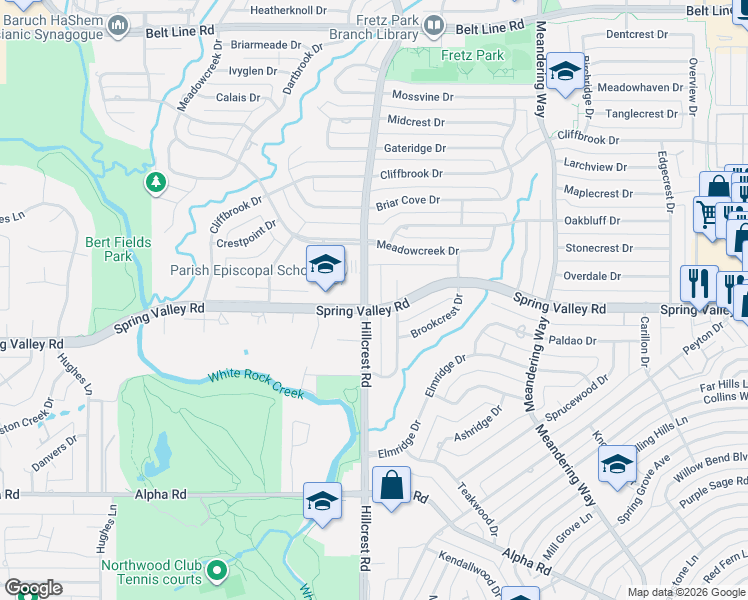 map of restaurants, bars, coffee shops, grocery stores, and more near 14112 Hillcrest Road in Dallas
