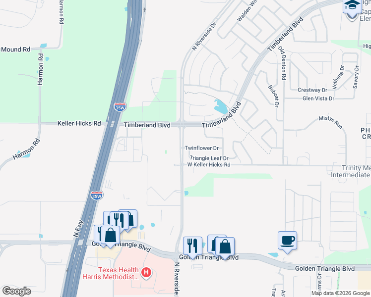map of restaurants, bars, coffee shops, grocery stores, and more near 2593 Twinflower Drive in Fort Worth
