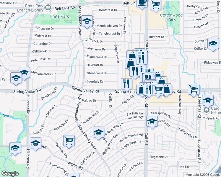 map of restaurants, bars, coffee shops, grocery stores, and more near 7609 Spring Valley Road in Dallas