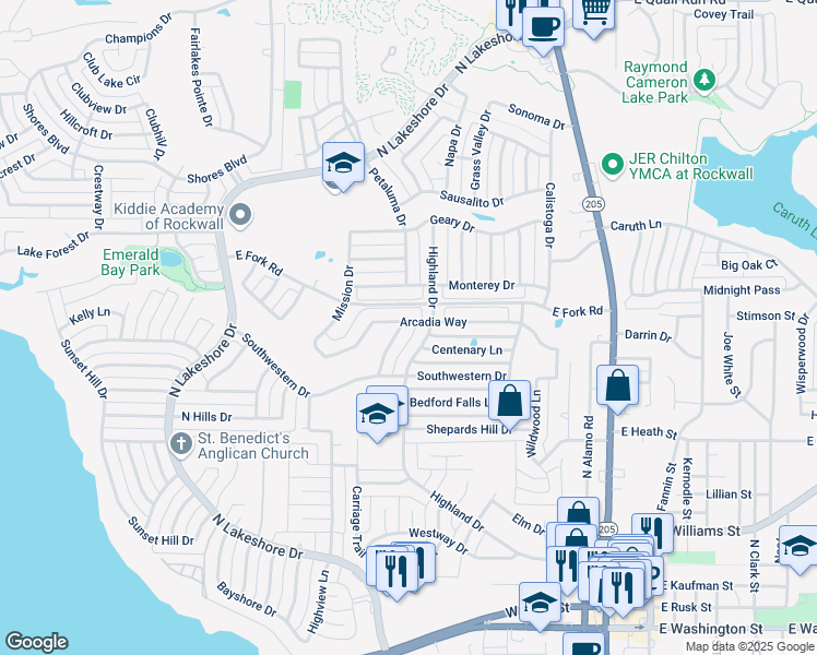 map of restaurants, bars, coffee shops, grocery stores, and more near 660 Gillon Way in Rockwall