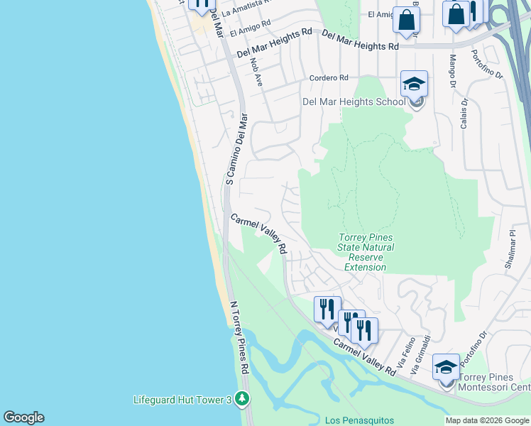 map of restaurants, bars, coffee shops, grocery stores, and more near 470 Torrey Point Road in Del Mar