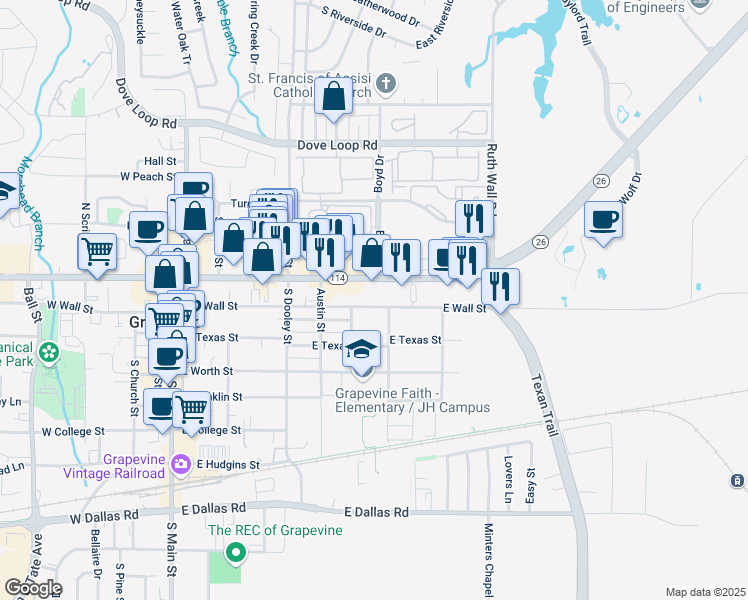 map of restaurants, bars, coffee shops, grocery stores, and more near 727 E Wall St in Grapevine