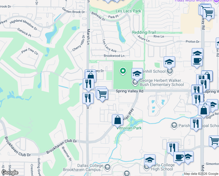 map of restaurants, bars, coffee shops, grocery stores, and more near 3721 Spring Valley Road in Addison