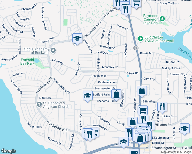 map of restaurants, bars, coffee shops, grocery stores, and more near 660 Gillon Way in Rockwall