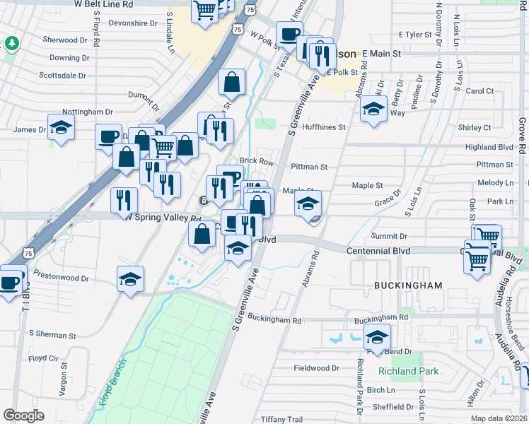 map of restaurants, bars, coffee shops, grocery stores, and more near 776 South Greenville Avenue in Richardson