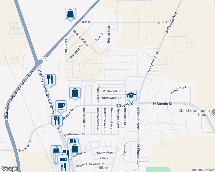 map of restaurants, bars, coffee shops, grocery stores, and more near 3990 Wood Loop in Alamogordo