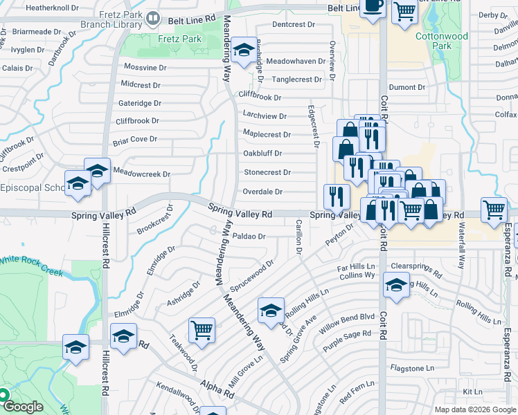 map of restaurants, bars, coffee shops, grocery stores, and more near 7409 Spring Valley Road in Dallas
