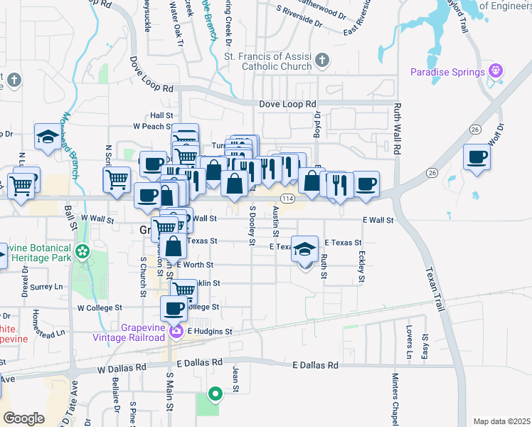 map of restaurants, bars, coffee shops, grocery stores, and more near 521 East Wall Street in Grapevine