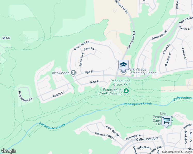 map of restaurants, bars, coffee shops, grocery stores, and more near 7751 Park Village Road in San Diego