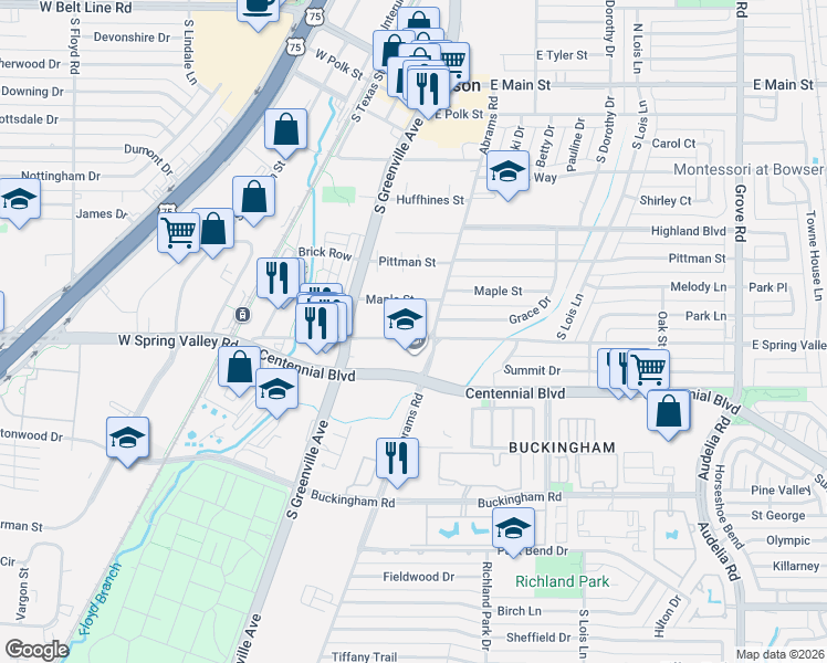 map of restaurants, bars, coffee shops, grocery stores, and more near 327 East Spring Valley Road in Richardson