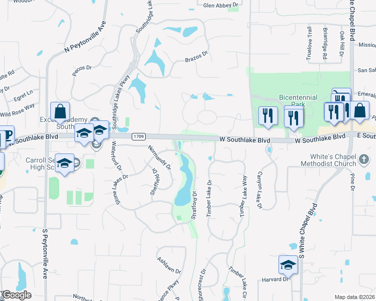map of restaurants, bars, coffee shops, grocery stores, and more near 916 Stratford Drive in Southlake