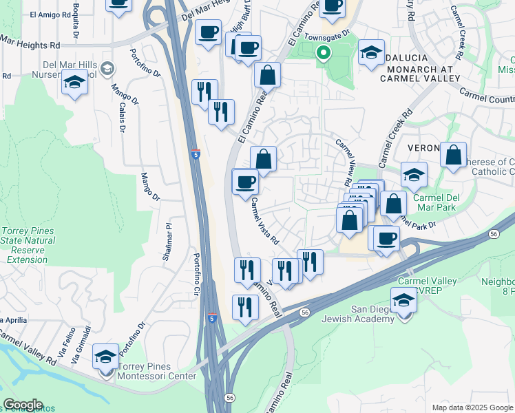 map of restaurants, bars, coffee shops, grocery stores, and more near 3511 Caminito Carmel Landing in San Diego