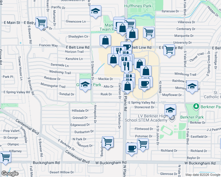map of restaurants, bars, coffee shops, grocery stores, and more near 1323 Rusk Drive in Richardson
