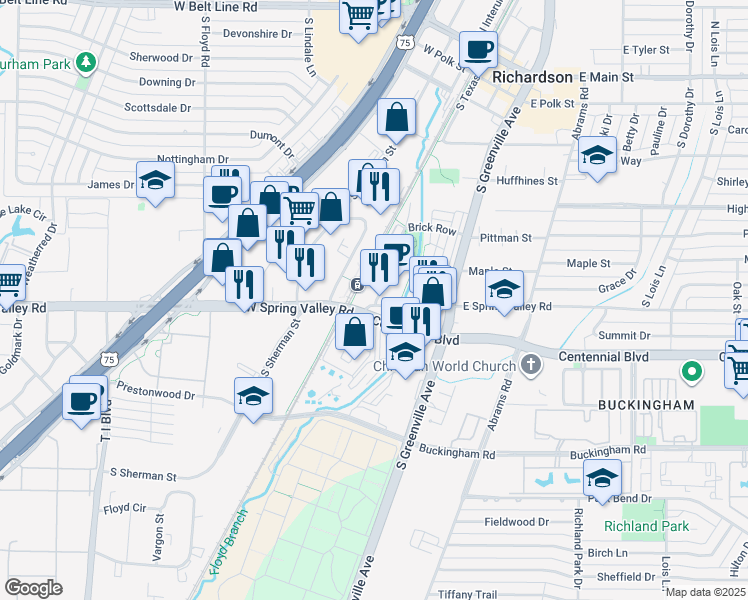 map of restaurants, bars, coffee shops, grocery stores, and more near 152 East Spring Valley Road in Richardson