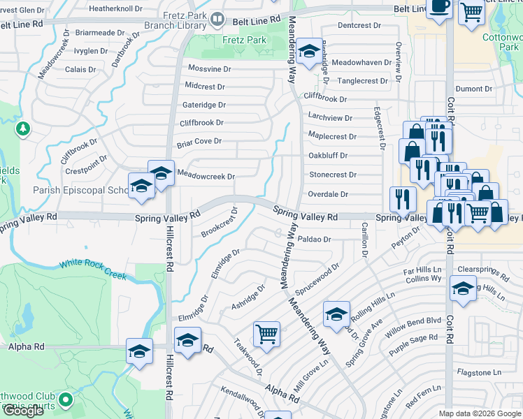 map of restaurants, bars, coffee shops, grocery stores, and more near 7150 Spring Valley Road in Dallas