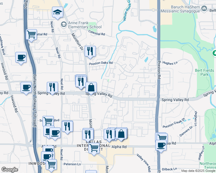 map of restaurants, bars, coffee shops, grocery stores, and more near 5555 Spring Valley Road in Dallas