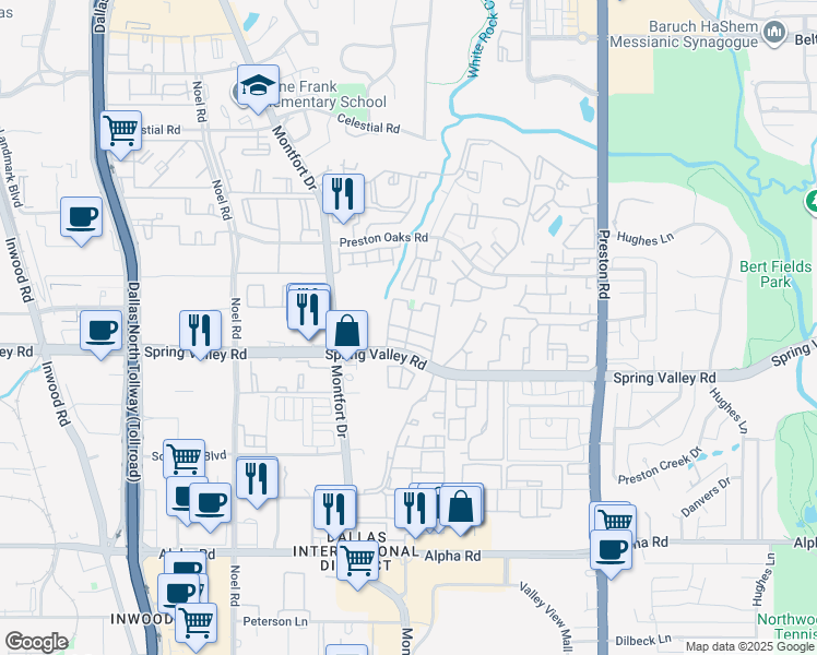 map of restaurants, bars, coffee shops, grocery stores, and more near 5555 Spring Valley Road in Dallas
