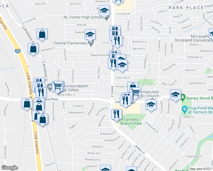 map of restaurants, bars, coffee shops, grocery stores, and more near 10 Josey Lane in Farmers Branch