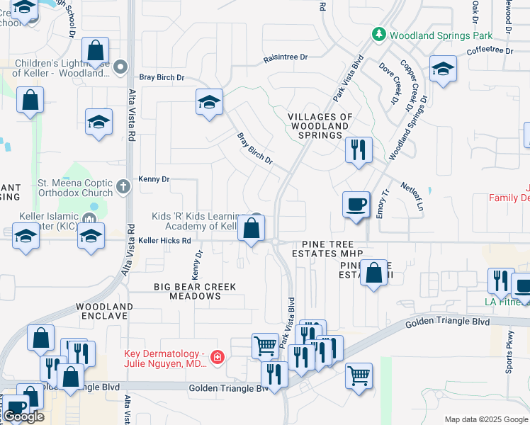 map of restaurants, bars, coffee shops, grocery stores, and more near 11517 Aspen Creek Drive in Fort Worth